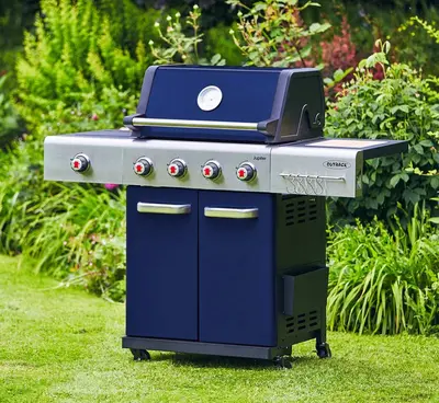 Outback Jupiter 4 Burner Hybrid BBQ with Choping Board - Blue